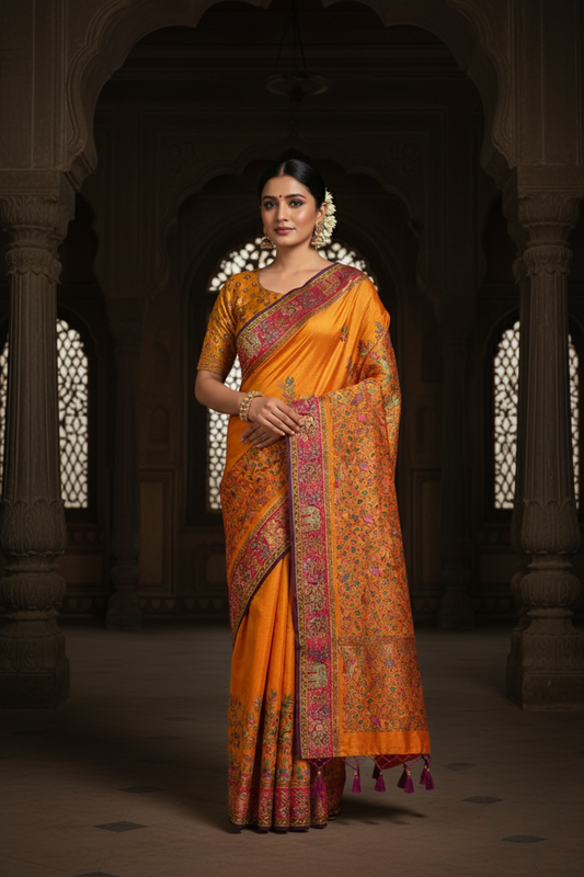 "Waah Banaras 069" Banarasi Mustard Yellow Meenakari Tussar Silk Saree