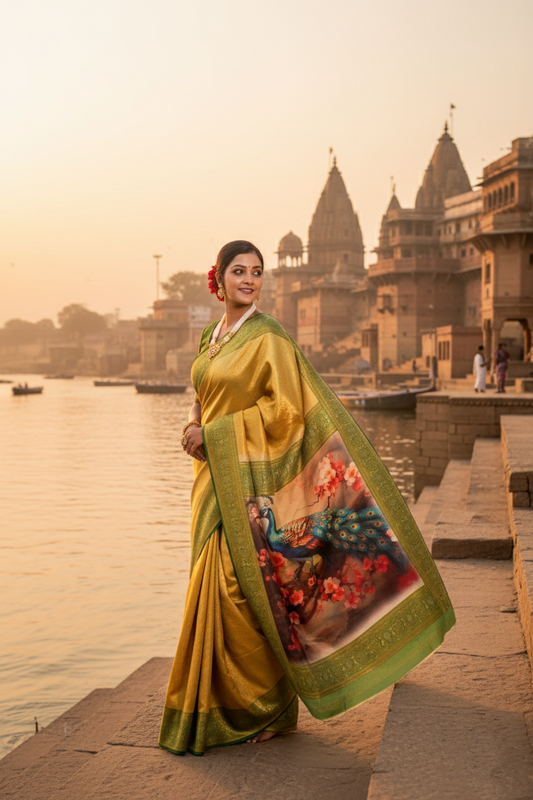 "UTSAV BANARAS 149" Banarasi Lemon Gold Kanjivaram Tissue Silk Saree