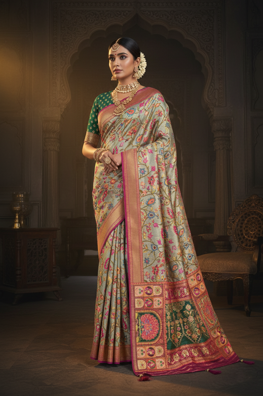 "Waah Banaras 086" Banarasi Meenakari Pashmina Silk Saree with Peacock & Royal Motifs