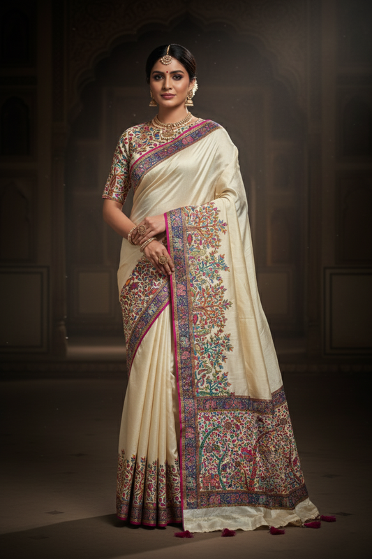 "Waah Banaras 067" Banarasi Ivory White Meenakari Pashmina Silk Saree