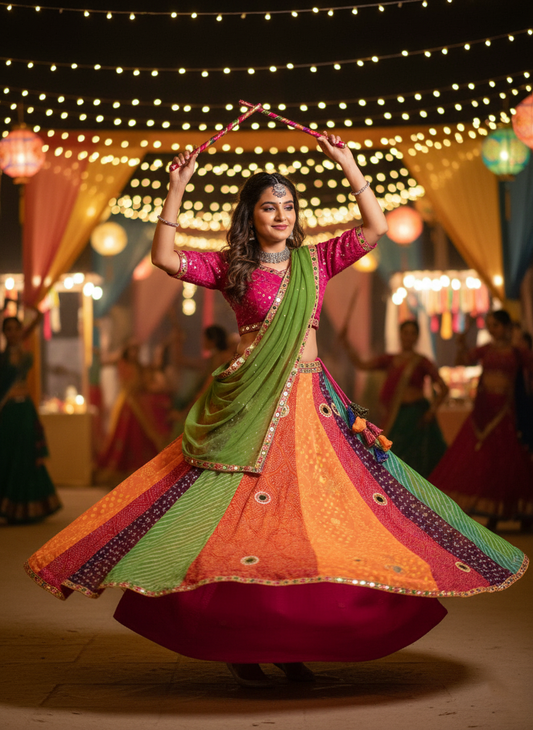 "MANSI 052" Banarasi Georgette Skirt with Bandhani Print & Mirror Work Detailing