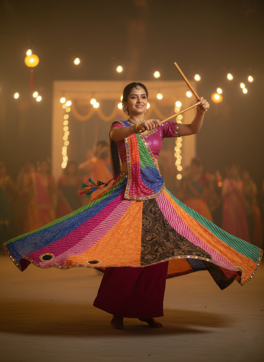 "MANSI 049" Banarasi Georgette Skirt with Bandhani Print & Mirror Work Detailing