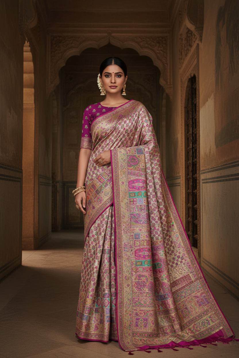"Waah Banaras 070" Banarasi Beige Base With Vibrant Multi Color Meenakari Masru Silk Saree