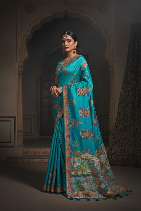 "Waah Banaras 079" Banarasi Aqua Blue Meenakari Pashmina Silk Saree
