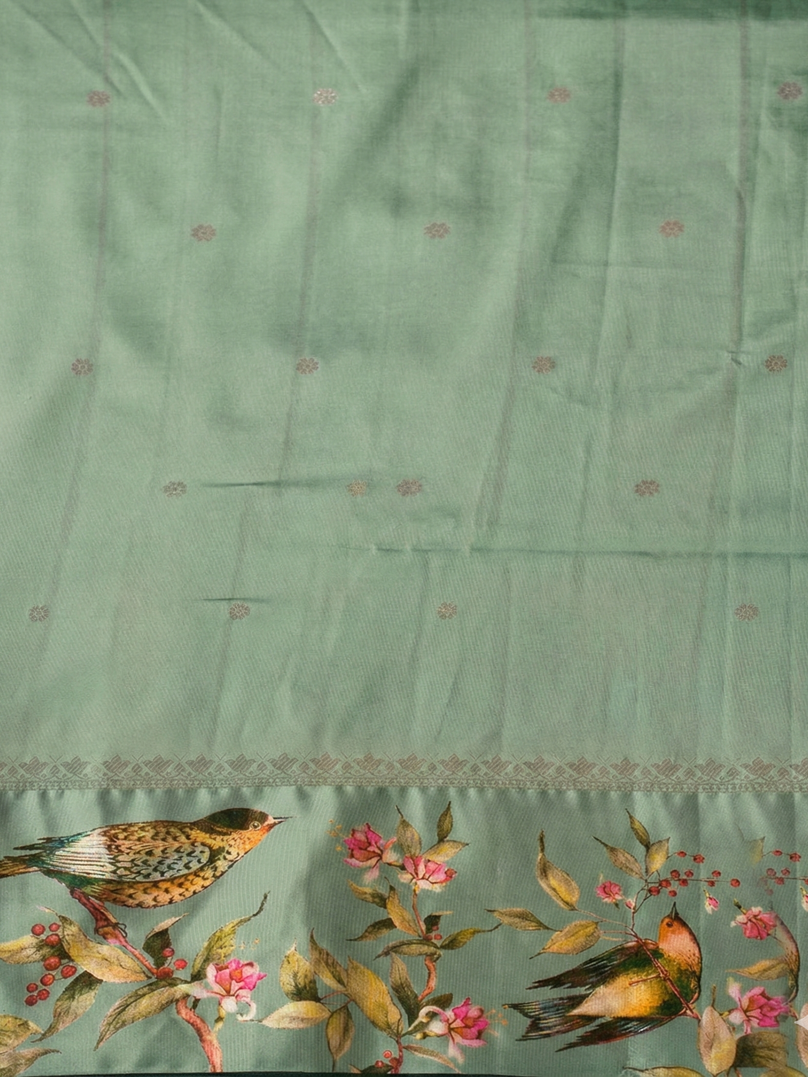 "UTSAV BANARAS 240" Banarasi Nature-Inspired Pastel Green Block Print Soft Silk Saree
