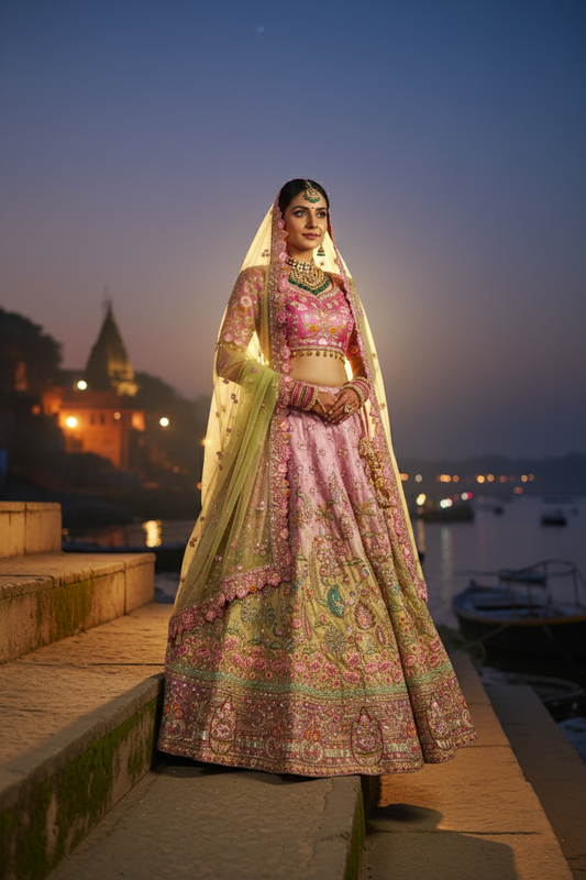 "MANSI 044" Banarasi Tissue Silk Lehenga With AD Stone Work & Cutwork Border