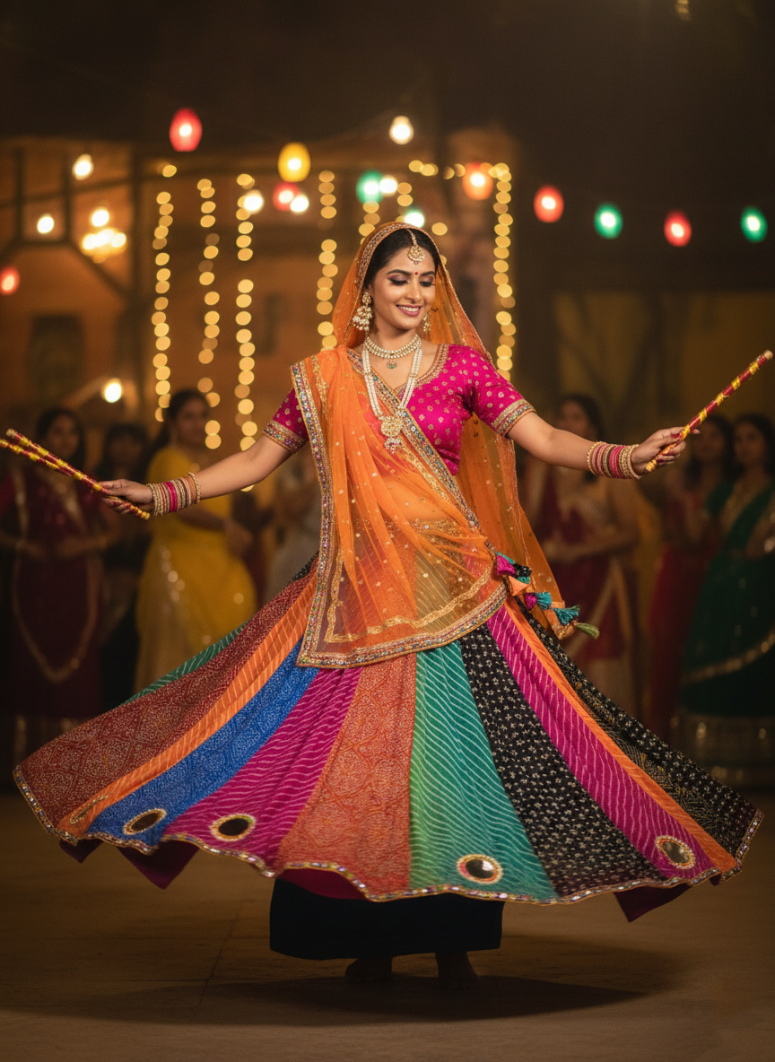 "MANSI 048" Banarasi Georgette Skirt with Bandhani Print & Mirror Work Detailing