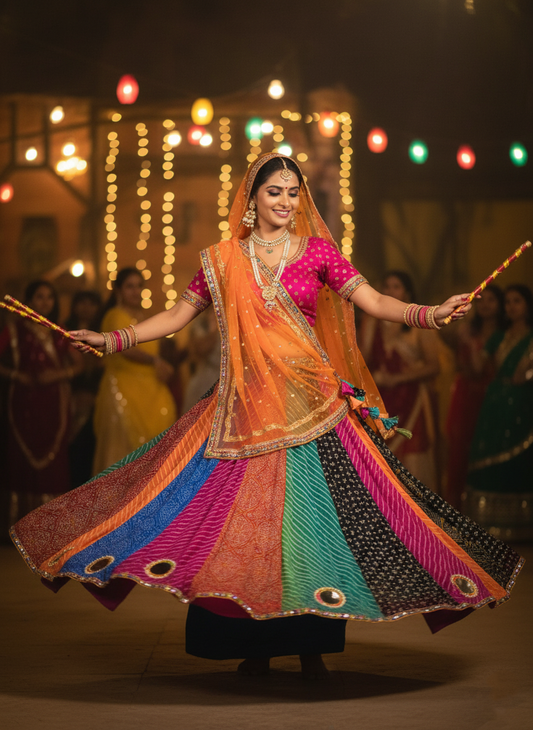 "MANSI 048" Banarasi Georgette Skirt with Bandhani Print & Mirror Work Detailing