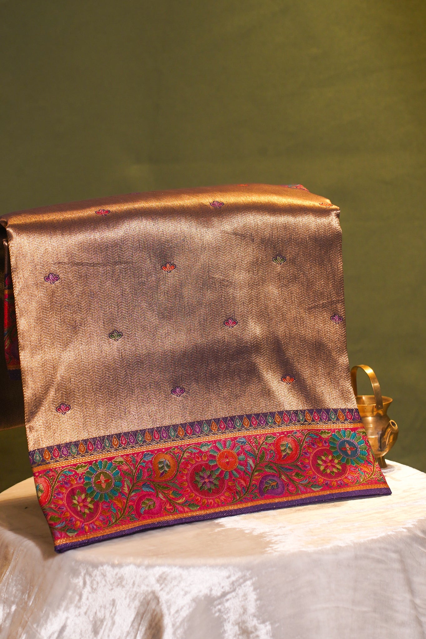 Gold Vegan Silk Saree with Exquisite Meenakari Mandala