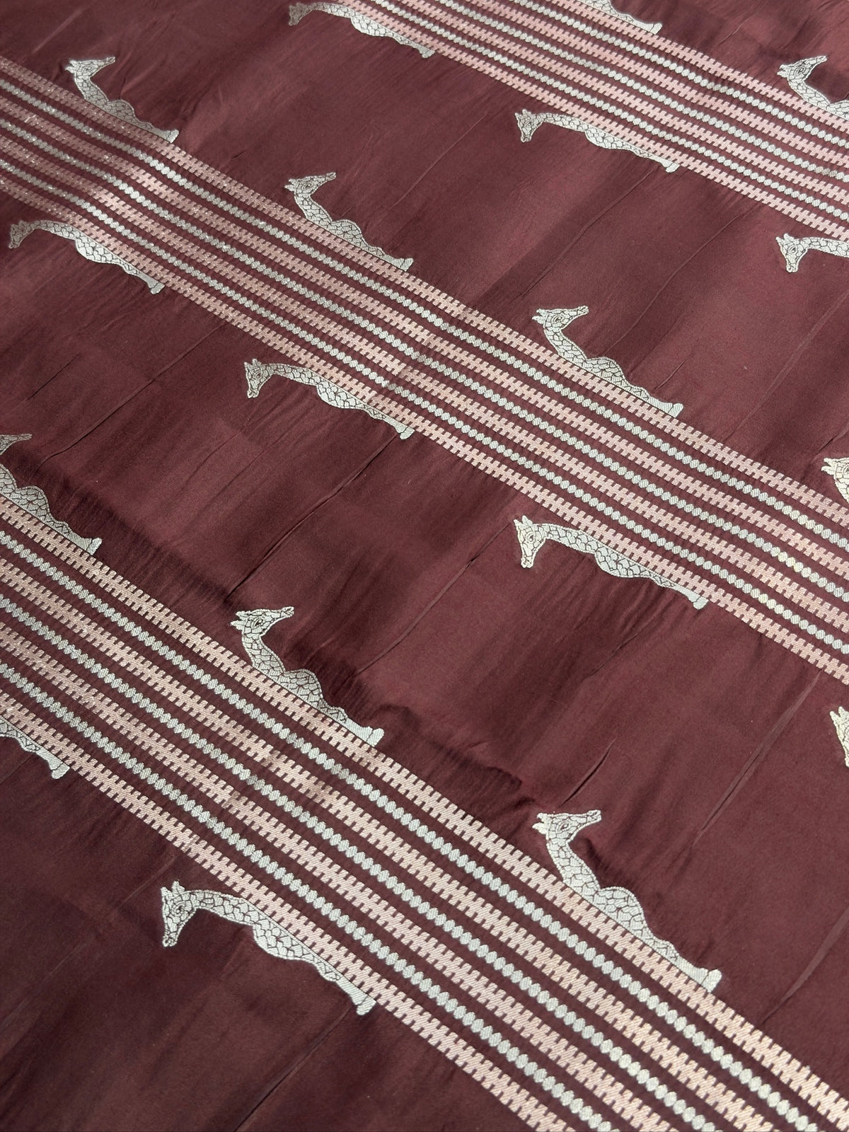 VIRASAT 365: Deep Coffee Pure Katan Silk Saree with Gold & Copper Zari Animal Stripe Design