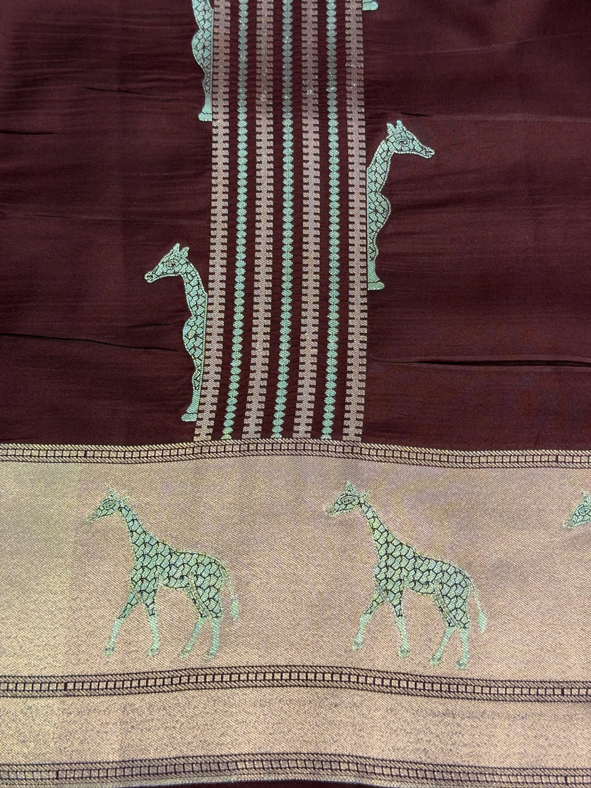 VIRASAT 365: Deep Coffee Pure Katan Silk Saree with Gold & Copper Zari Animal Stripe Design