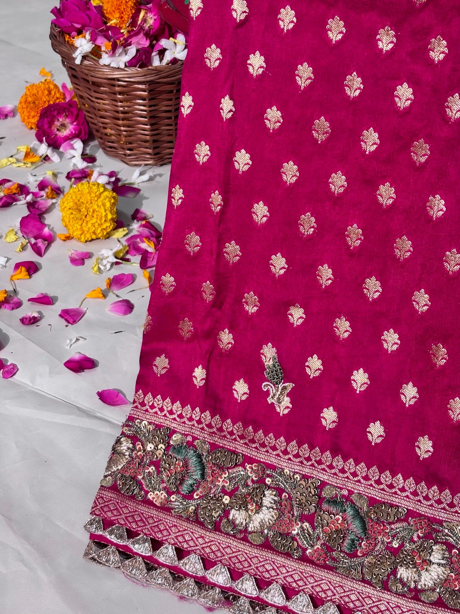 VIRASAT 388: Royal Pink Pashmina Silk Saree with Meenakari Parsi Work & Zardozi Handwork