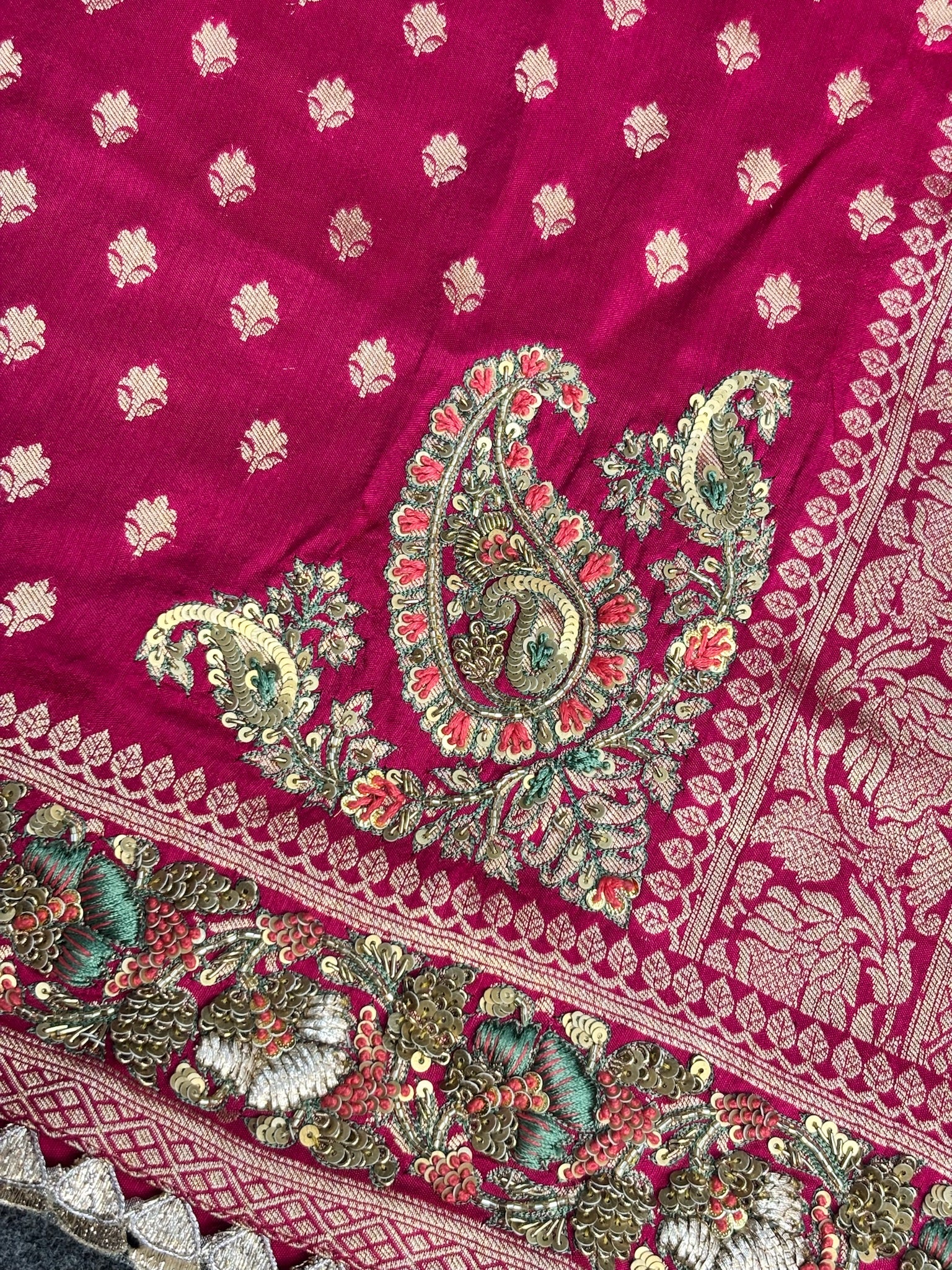 VIRASAT 388: Royal Pink Pashmina Silk Saree with Meenakari Parsi Work & Zardozi Handwork