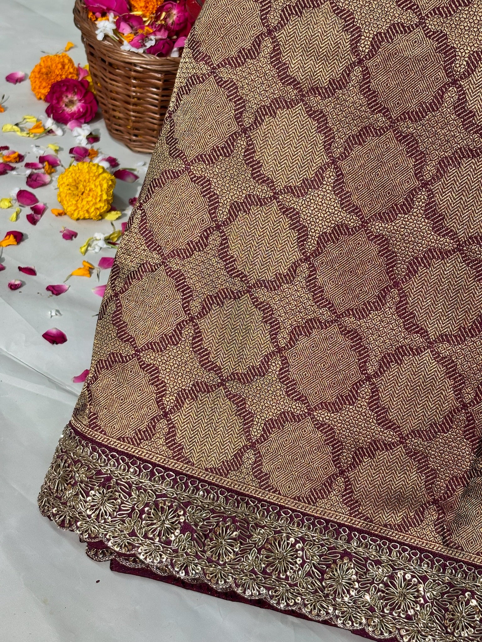 VIRASAT 386: Wine Brocade Tissue Silk Saree with Antique Zari Weaving & Hand Zardozi Border