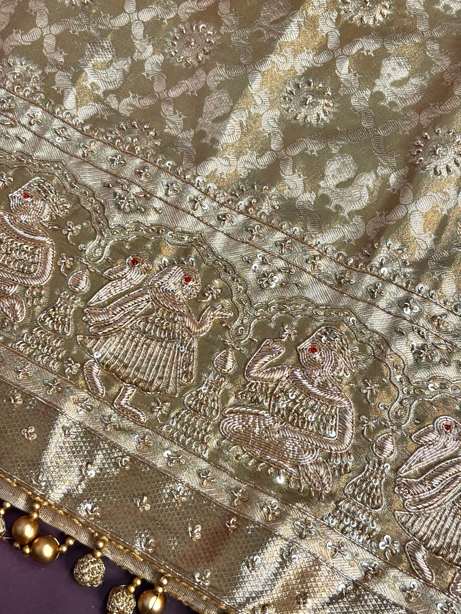 VIRASAT 380: Sand Gold Kanjivaram Silk Saree with Mehreen Zardozi Work & Pearl Border (Silk Mark Certified)