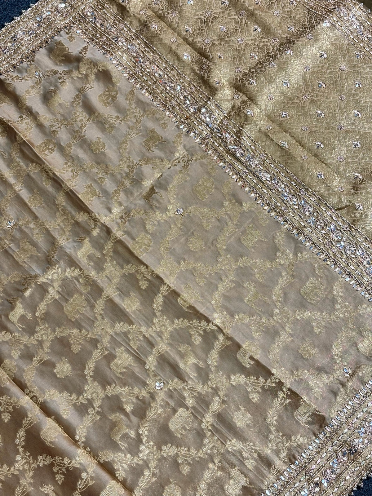 VIRASAT 376: Royal Beige Satin Silk Saree with Jangla Animal Zari Jaal & Hand Zardozi Gota Patti Work