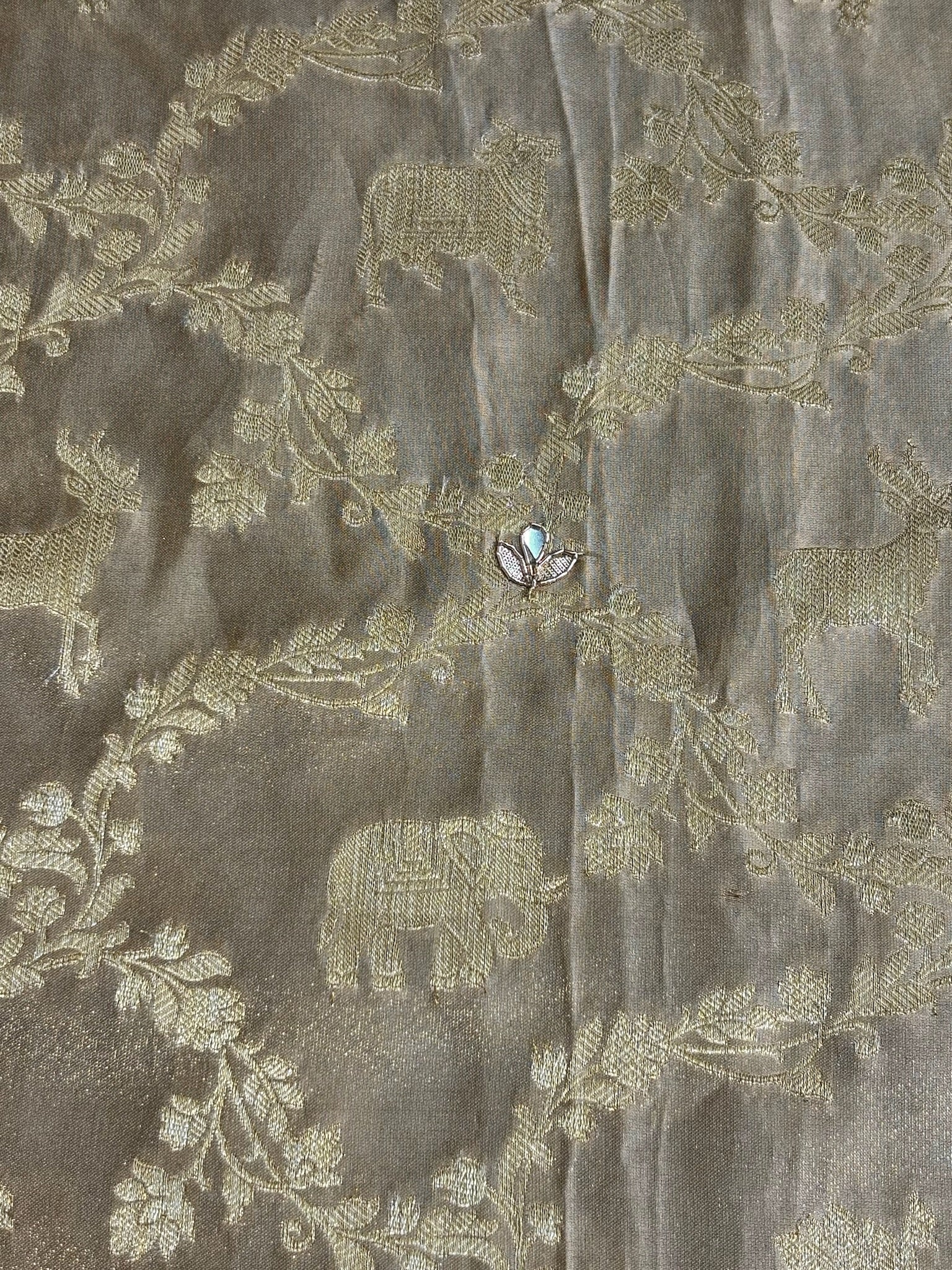 VIRASAT 376: Royal Beige Satin Silk Saree with Jangla Animal Zari Jaal & Hand Zardozi Gota Patti Work