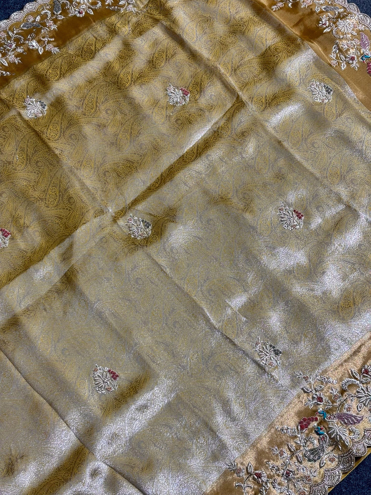 VIRASAT 391: Sunlit Gold Tissue Silk Saree with Meenakari Parsi Work & Hand Mehreen Zardozi Scallop Border