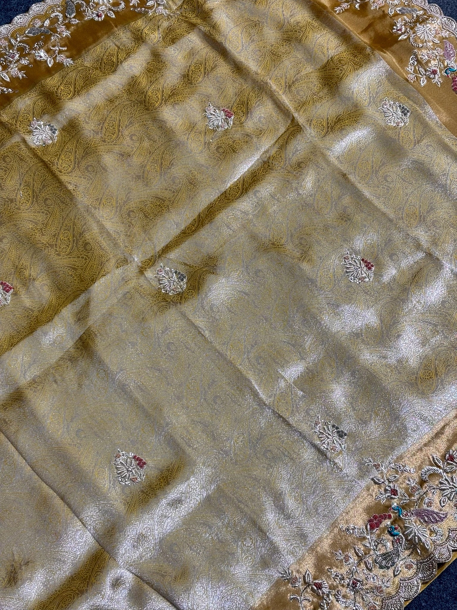 VIRASAT 391: Sunlit Gold Tissue Silk Saree with Meenakari Parsi Work & Hand Mehreen Zardozi Scallop Border