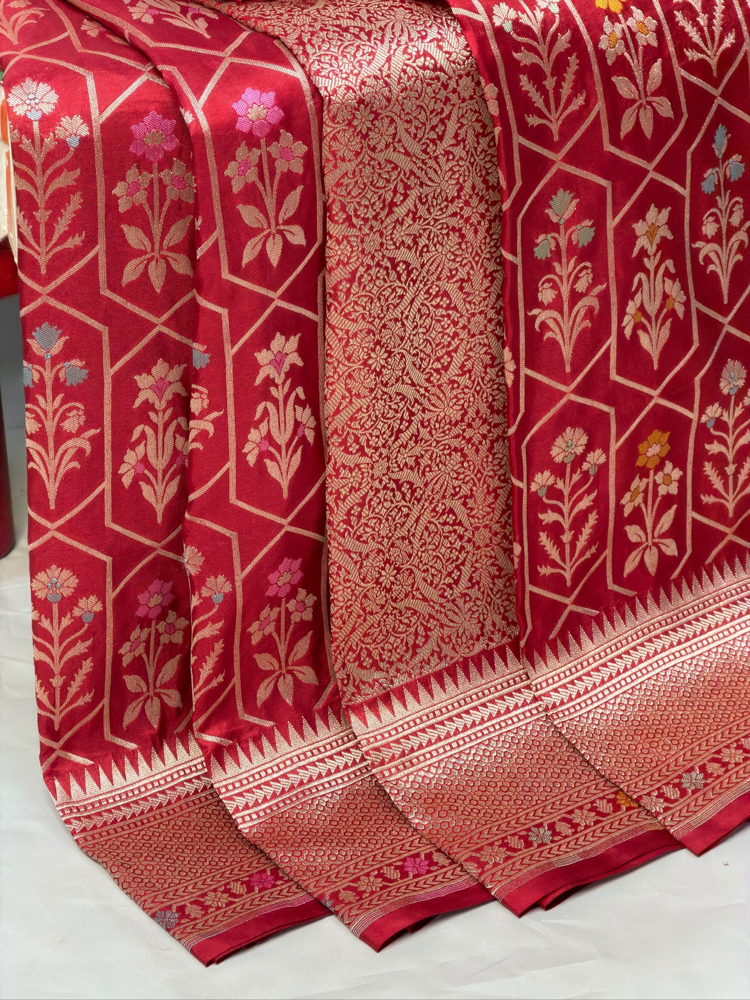 VIRASAT 410: Scarlet Red Pure Handloom Katan Silk Saree with All-Over Zari & Meenakari Border-Pallu (Silk Mark Certified)