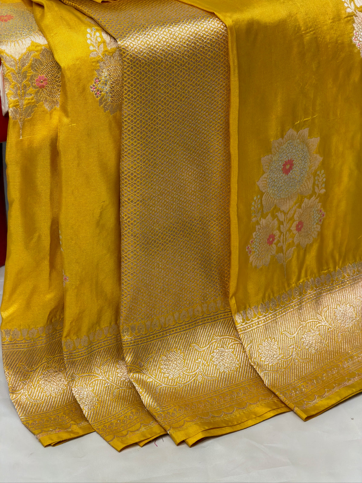 VIRASAT 401: Sunshine Gold Pure Handloom Katan Silk Saree with Sona Rupa Zari & Meenakari Border Pallu (Silk Mark Certified)