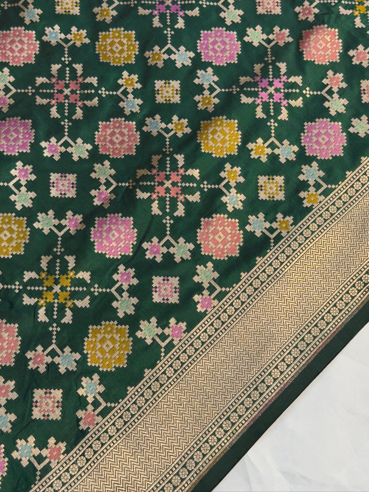 VIRASAT 406: Bottle Green Pure Handloom Katan Silk Saree with All-Over Meenakari Work & Zari Border-Pallu (Silk Mark Certified)