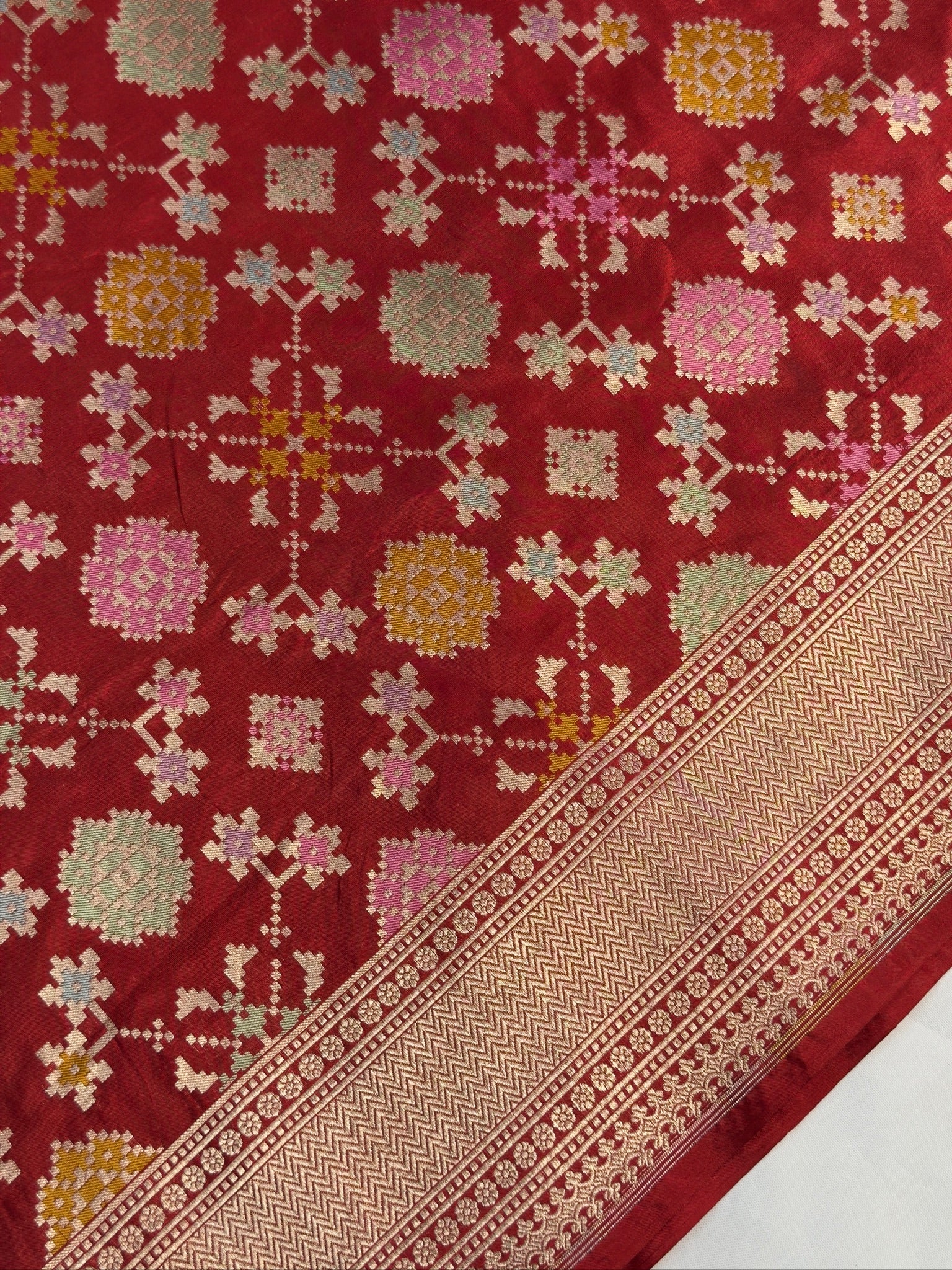VIRASAT 405: Blood Red Pure Handloom Katan Silk Saree with All Over Zari & Meenakari Border-Pallu (Silk Mark Certified)