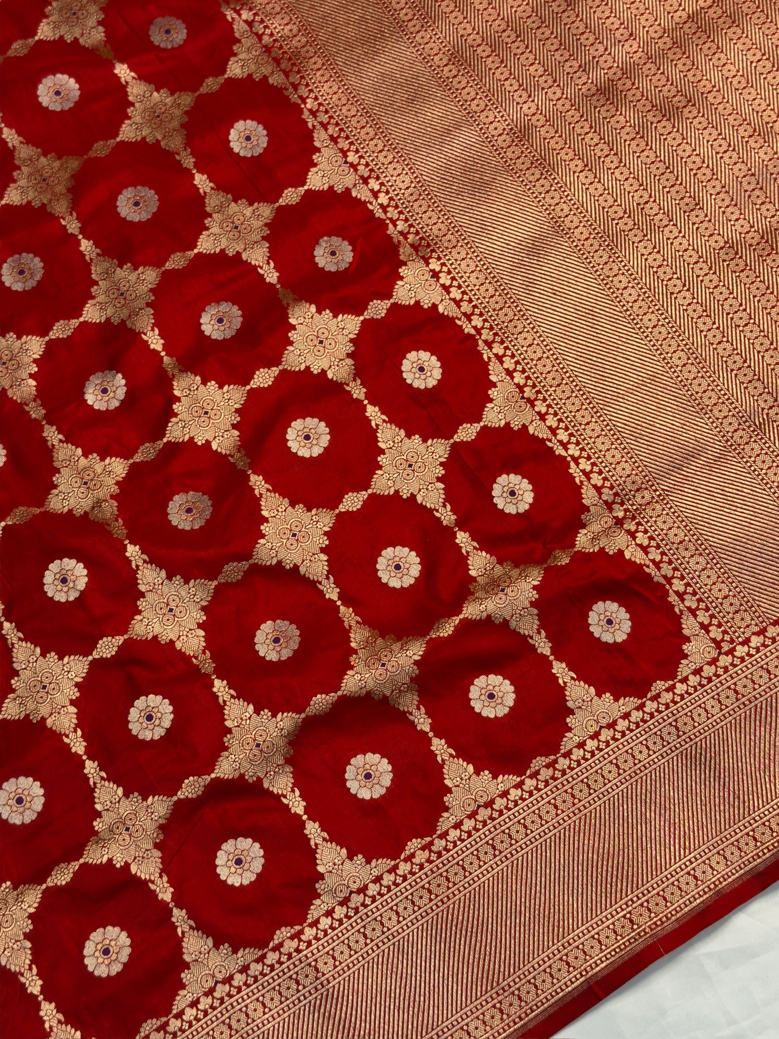 VIRASAT 409: Ruby Red Pure Handloom Katan Silk Saree with All-Over Zari & Meenakari Border-Pallu (Silk Mark Certified)
