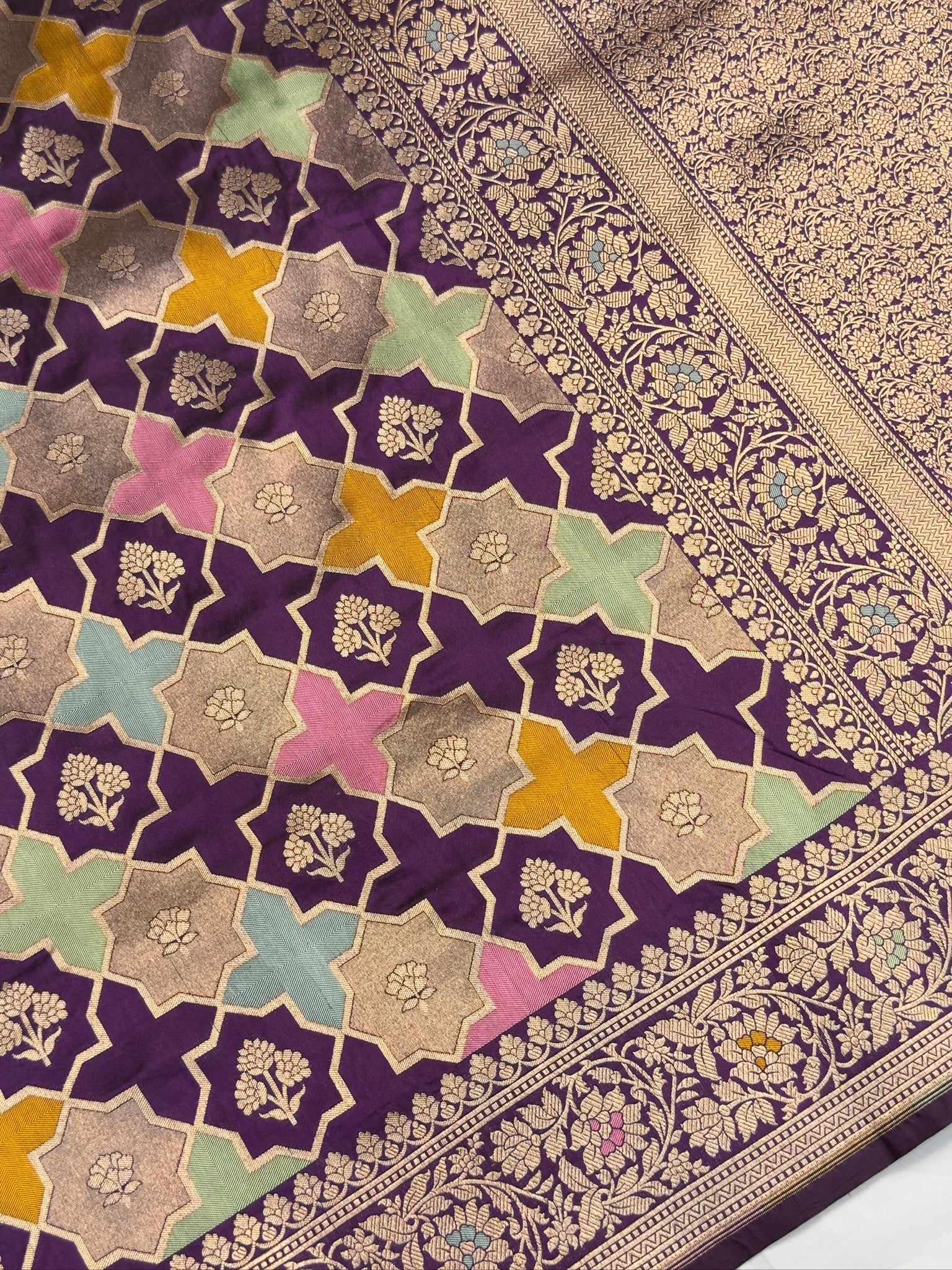 VIRASAT 407: Violet Pure Handloom Katan Silk Rangkat Saree with Meenakari Border & Pallu (Silk Mark Certified)