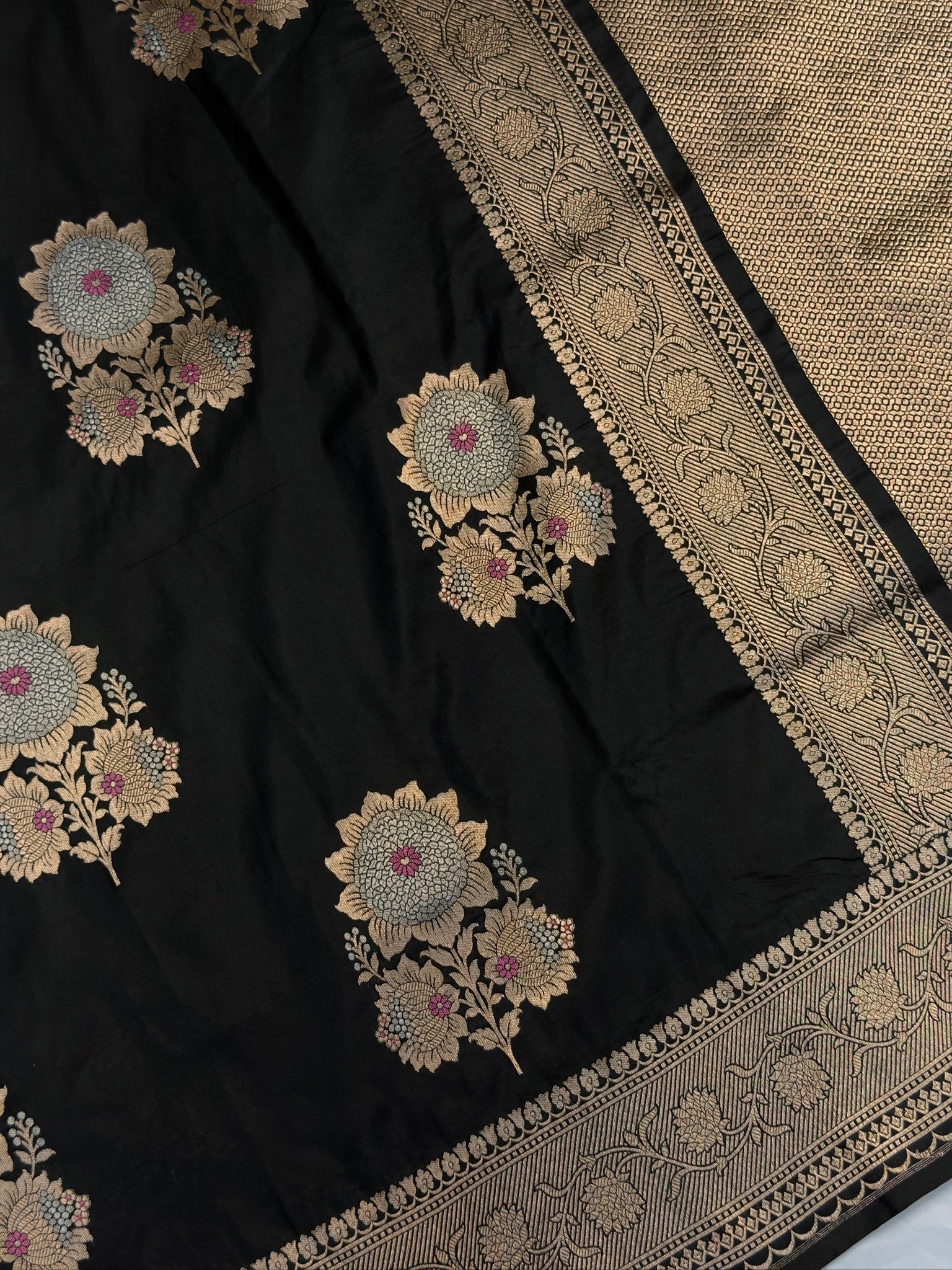 VIRASAT 408: Pure Black Handloom Katan Silk Saree with Sona Rupa Zari & Meenakari Border-Pallu (Silk Mark Certified)