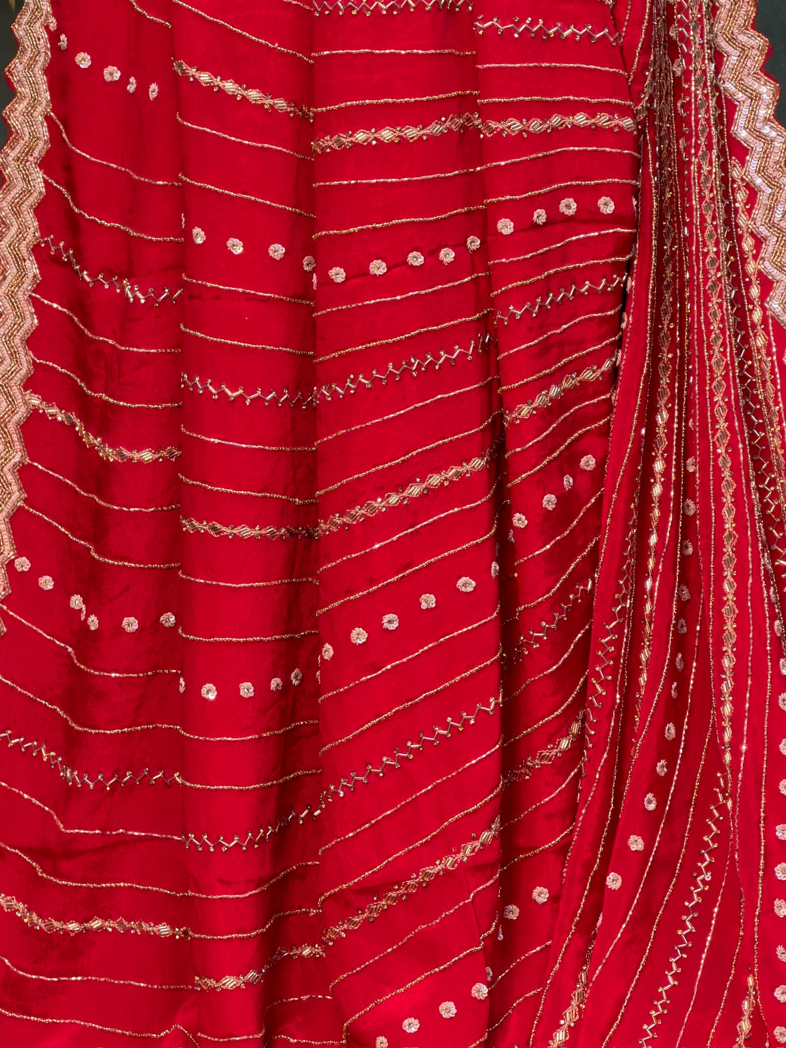 VIRASAT 395: Radiant Crimson Soft Crepe Silk Saree Stripe With Hand Zardozi Work