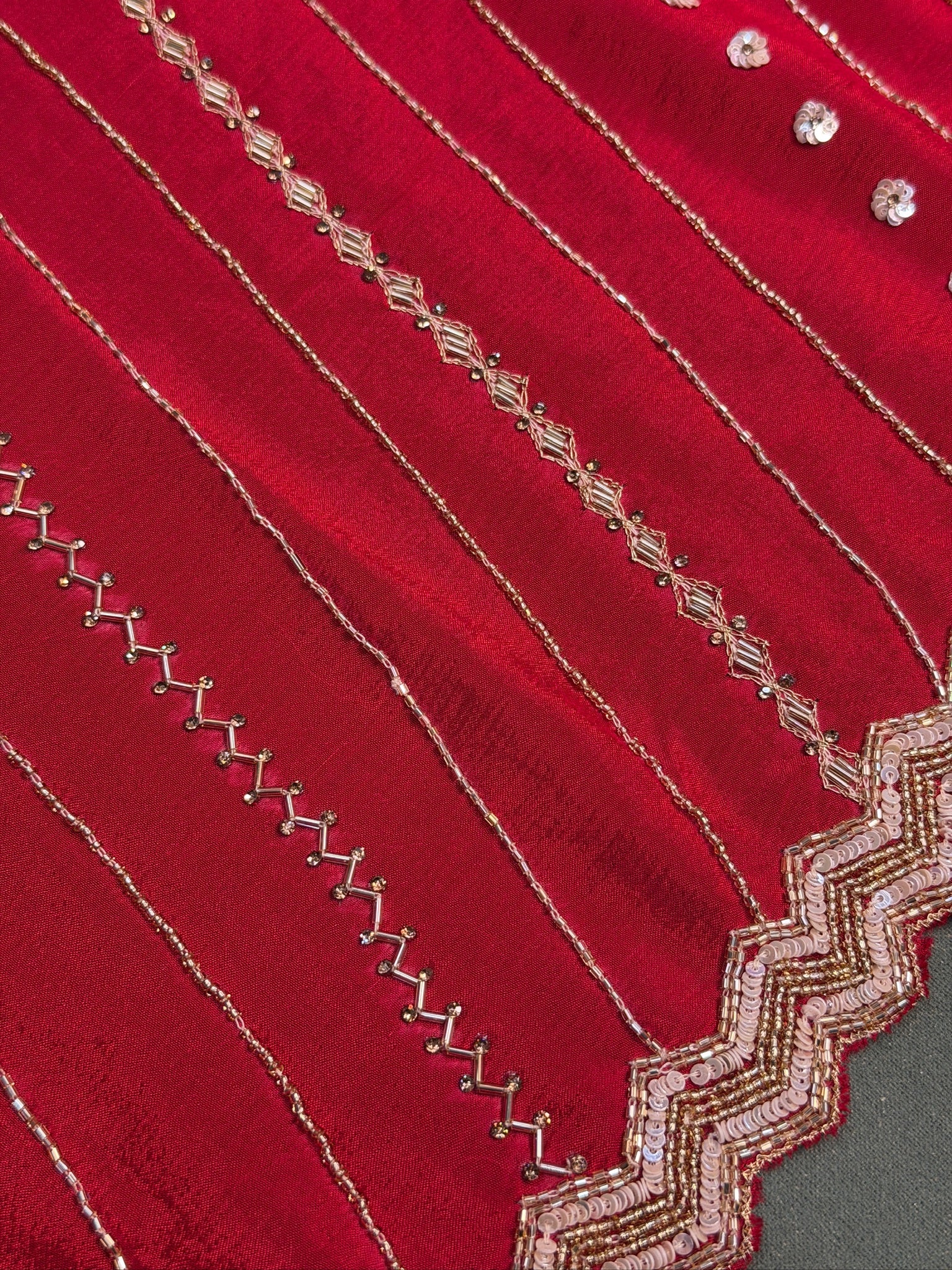 VIRASAT 395: Radiant Crimson Soft Crepe Silk Saree Stripe With Hand Zardozi Work
