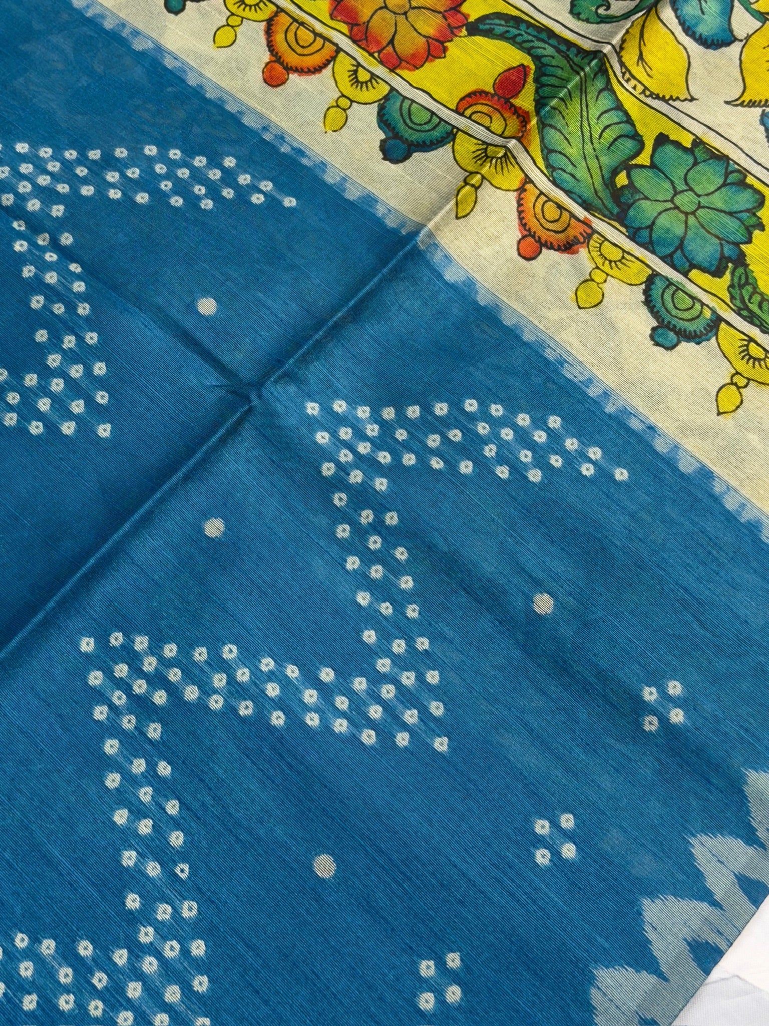 UTSAV BANARAS 403: Azure Blue Saree with Chunari Buti Weave & Kalamkari Printed Pallu