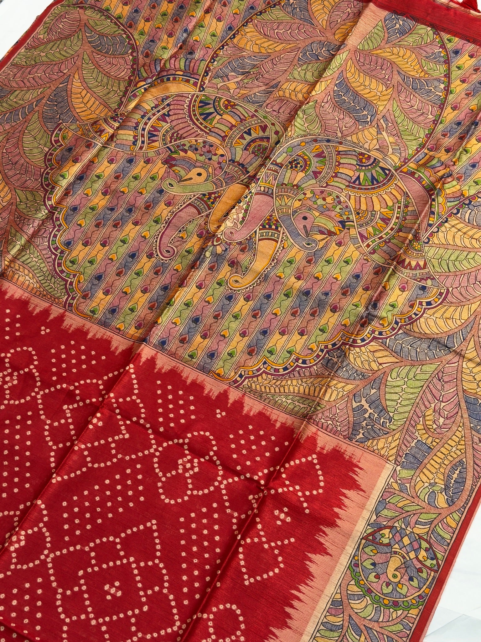 UTSAV BANARAS 406: Crimson Red Saree with Chunari Buti Weave & Kalamkari Printed Pallu