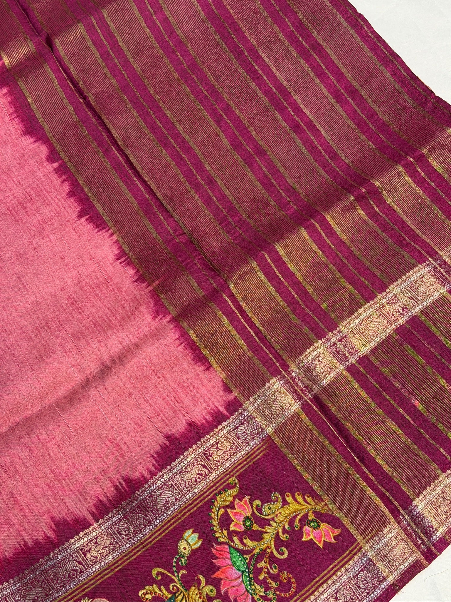 UTSAV BANARAS 367: Lotus Pink Tussar Georgette Saree with Tanjore Artistry Border