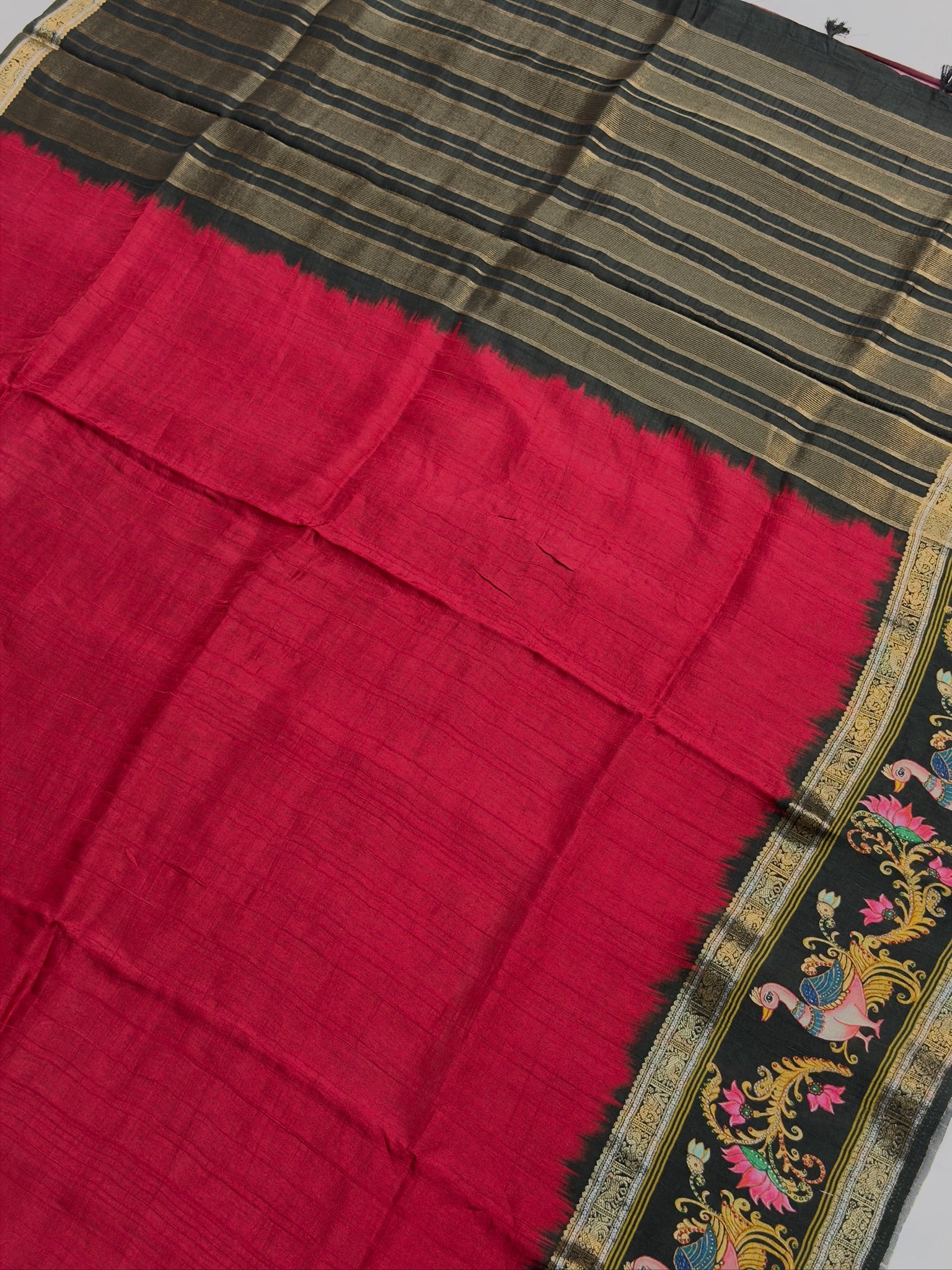 UTSAV BANARAS 387: Cherry Red Tussar Georgette Saree with Tanjore Artistry Border