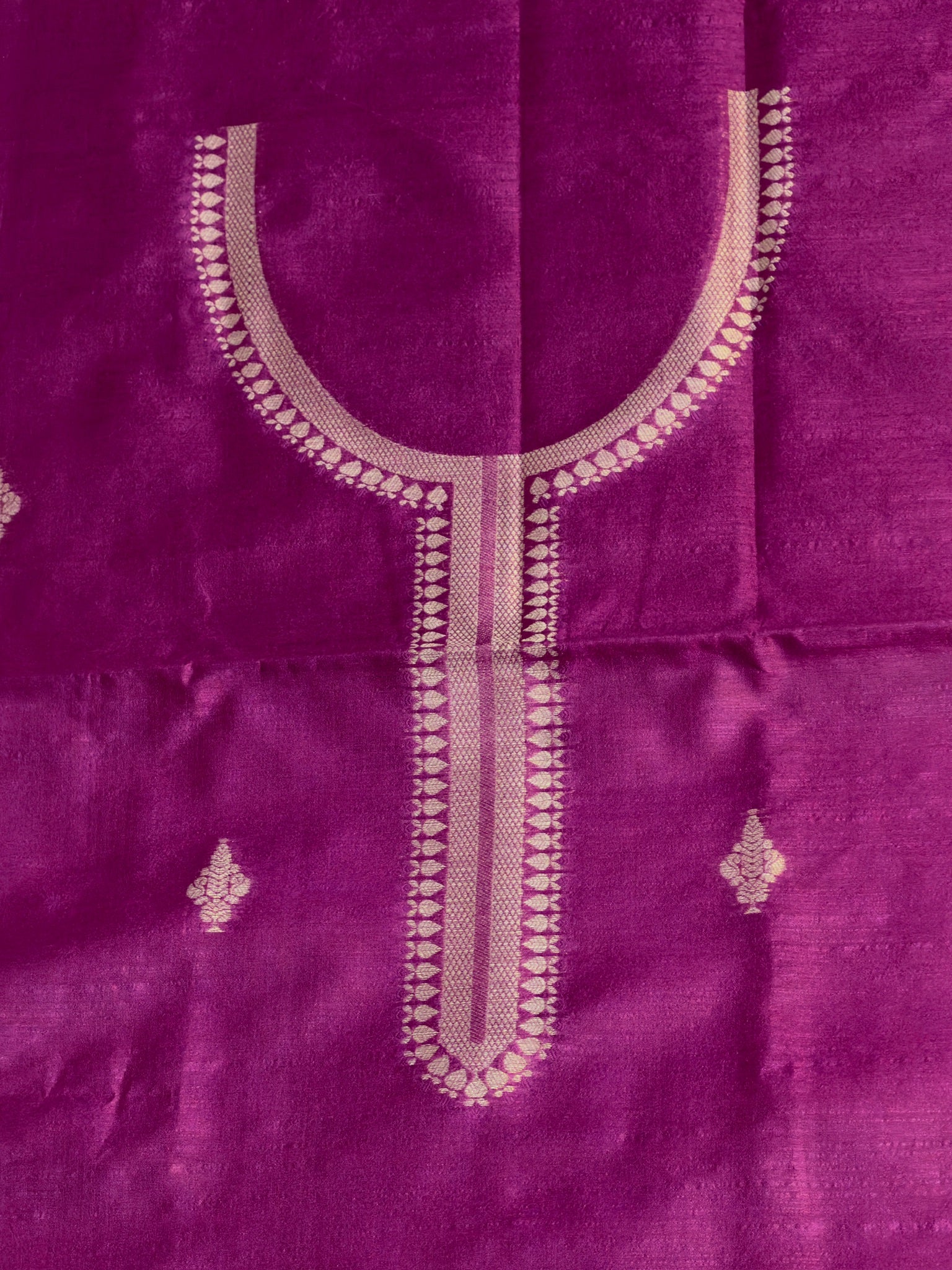 MANSI 117: Pure Magenta Raw Silk Unstitched Suit Set with Elegant Gold Zari Work