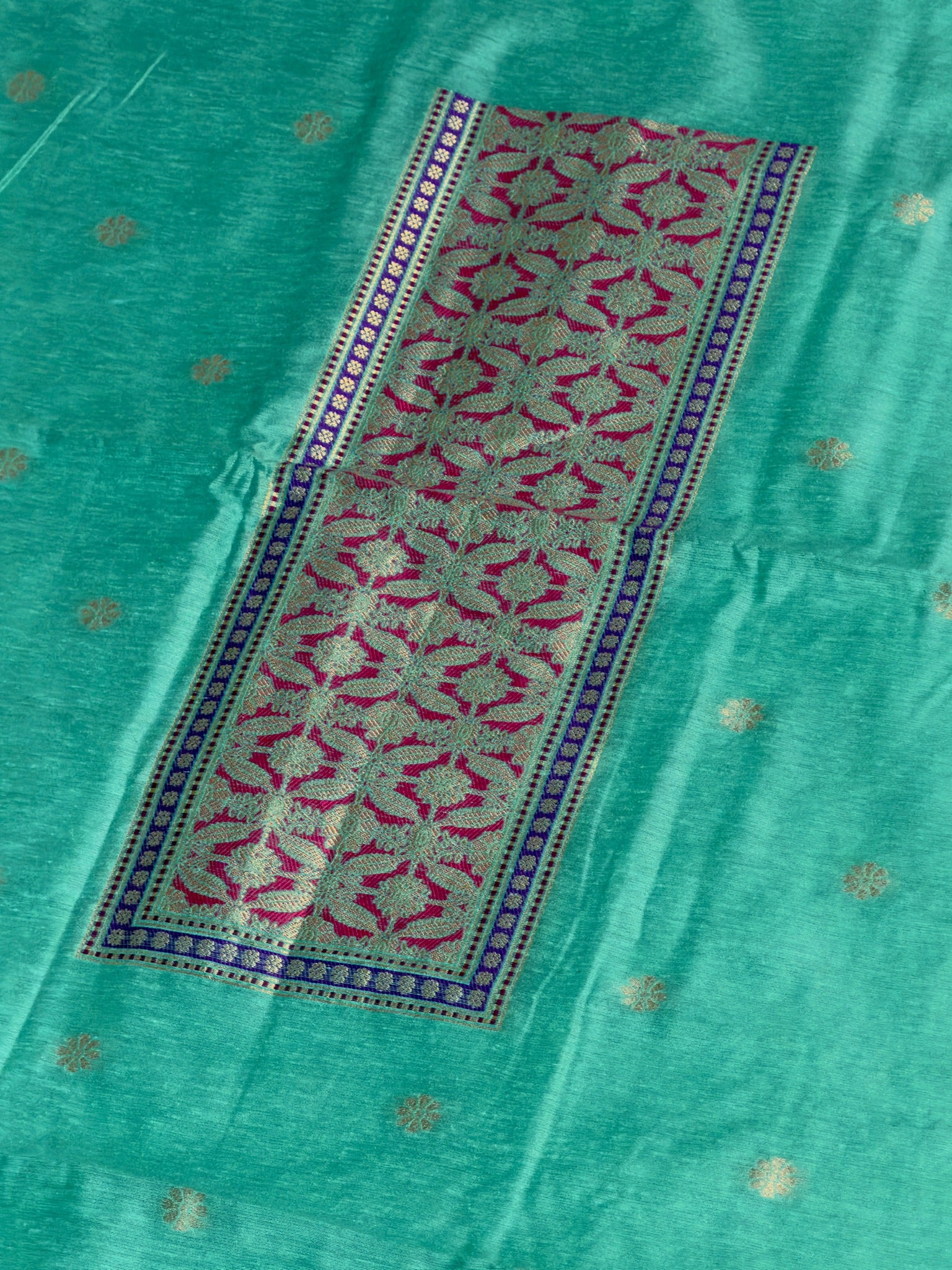 MANSI 169: Aqua Green Raw Silk Suit Set with Designer Woven Dupatta