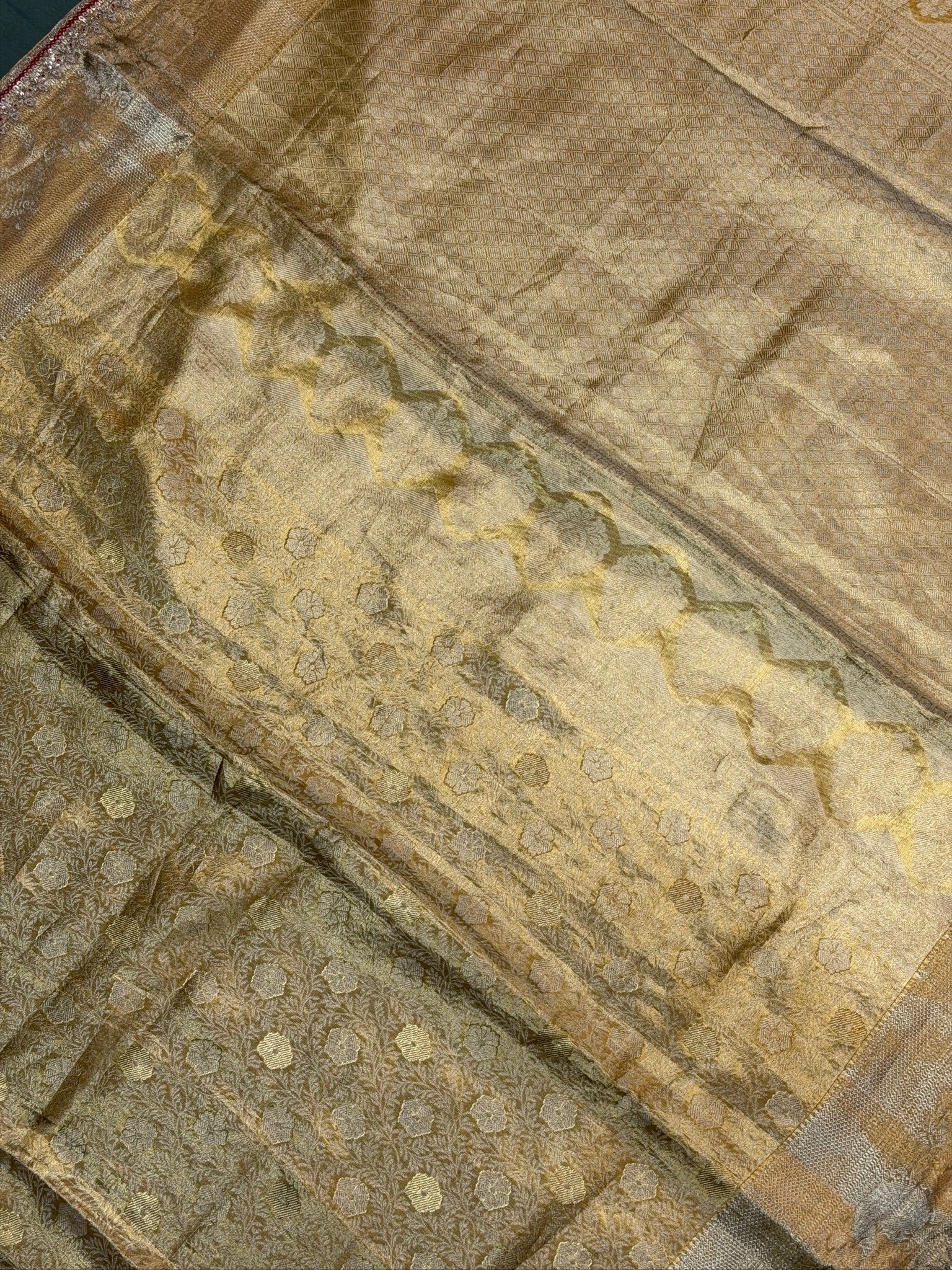 VIRASAT 414: Regal Gold Brocade Tissue Silk Saree with Hand Zardozi Border