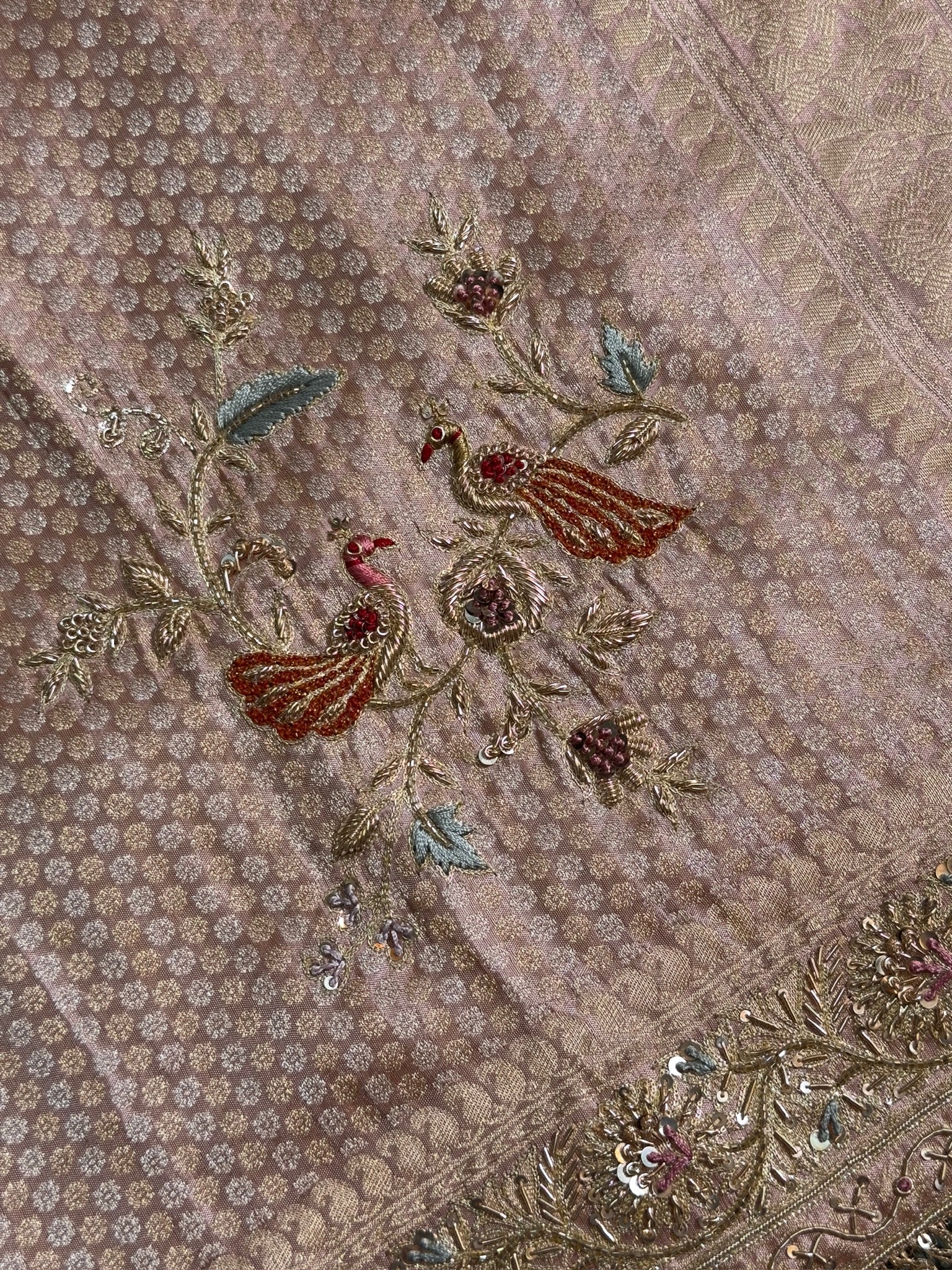 VIRASAT 387: Blush Rose Brocade Tissue Silk Saree with Handcrafted Embroidery