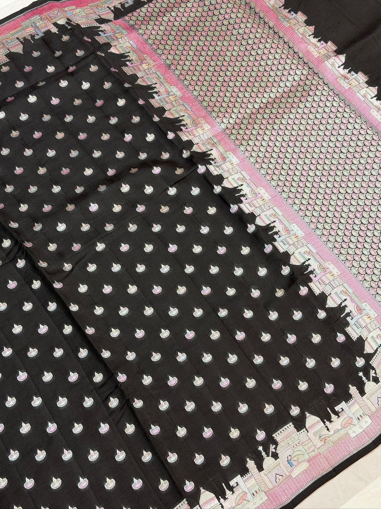 Founder choice 064: Midnight Black Pure Silk Meenakari Ghat Design Saree with Diya Motifs