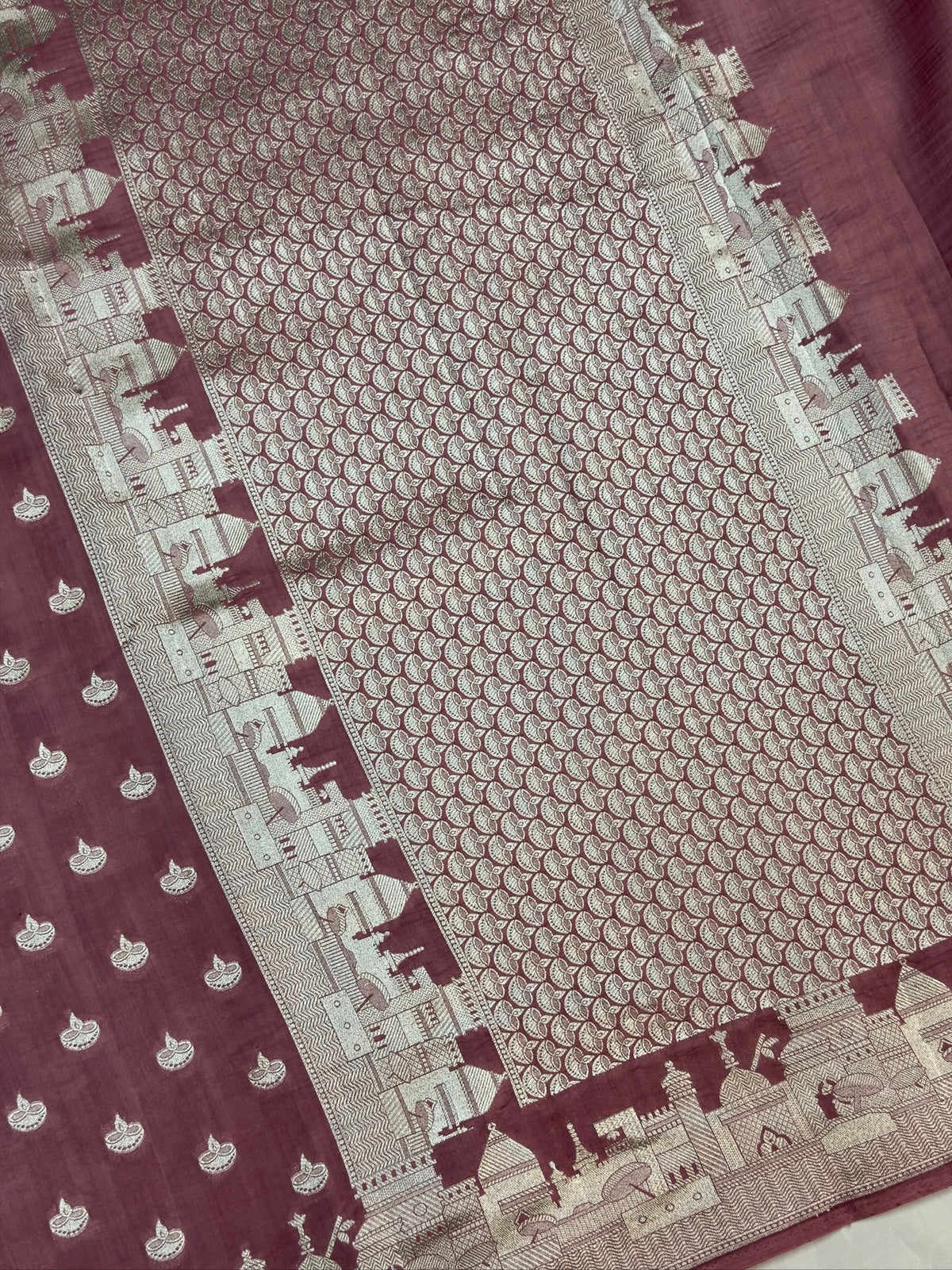 VIRASAT 404: Mauve Pink Pure Silk Saree with Silver Ghat Border & Diya Motifs