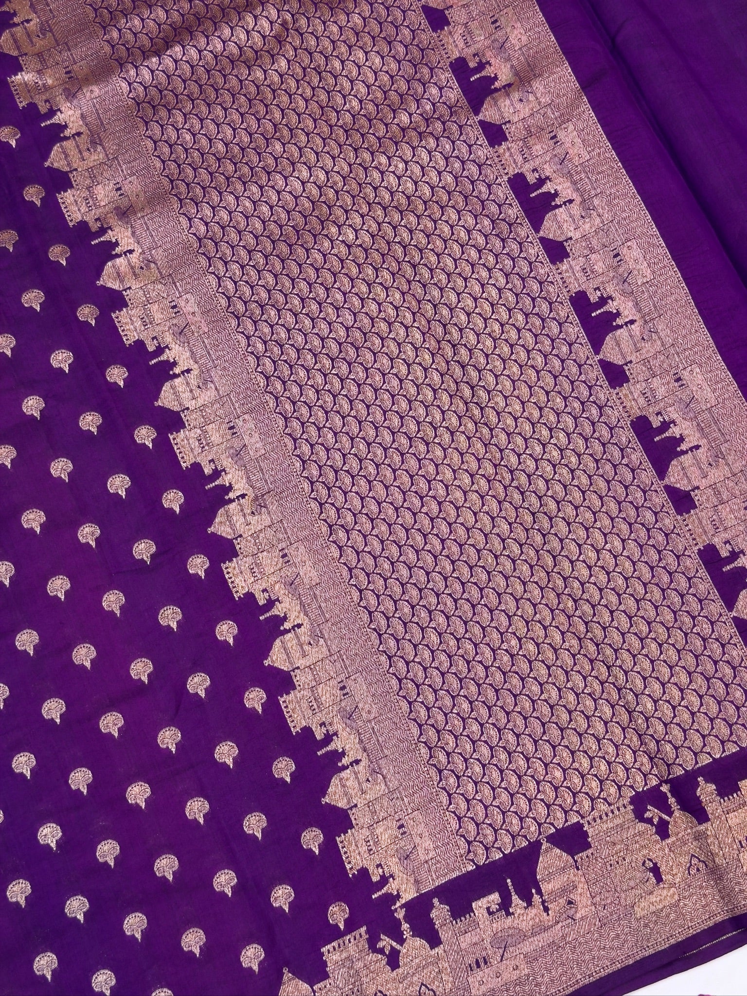VIRASAT 403: Deep Purple Pure Silk Saree with Zari Ghat Design & Diya Motifs