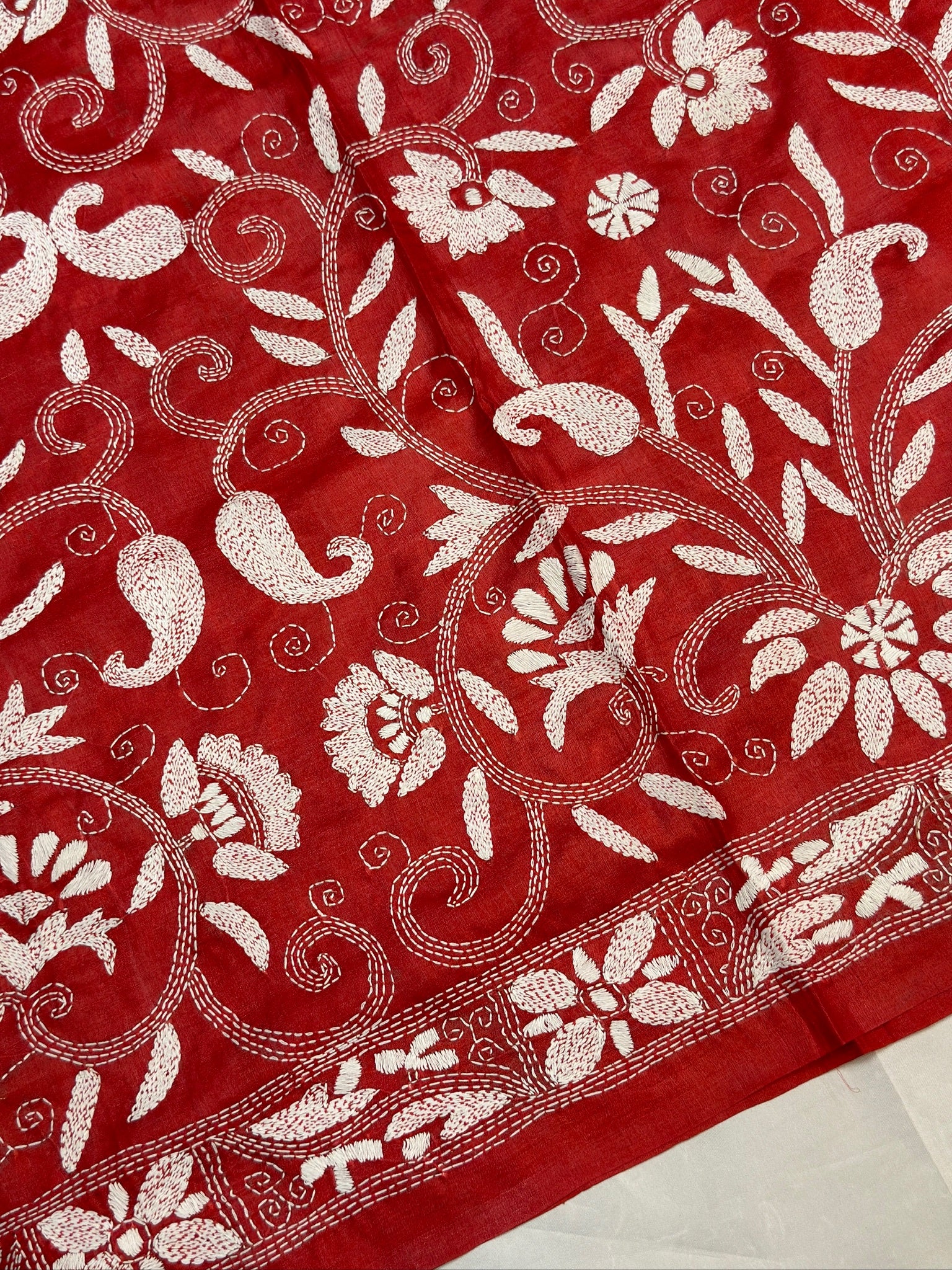 VIRASAT 354: Blush Red Pure Tussar Silk Kantha Work Saree | Silk Mark Certified