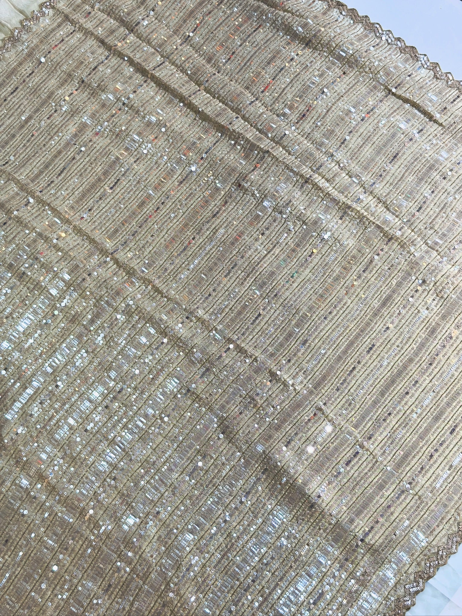 VIRASAT 413: Beige Tissue Organza Silk Saree with Cutdana, Pearl & Sequin Handwork
