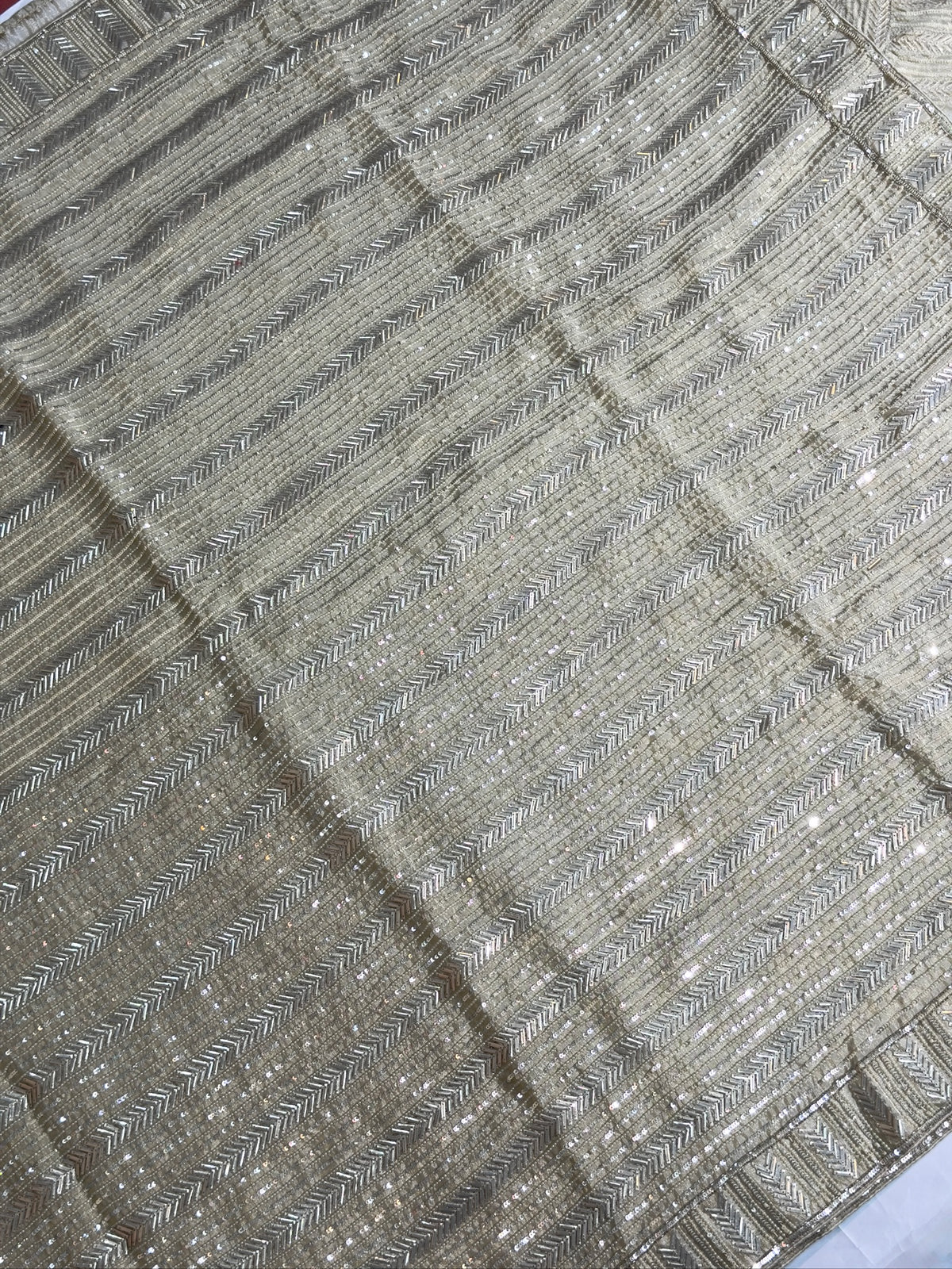 VIRASAT 411: Champagne Gold Tissue Organza Silk Saree with Cutdana, Pearl & Sequin Handwork