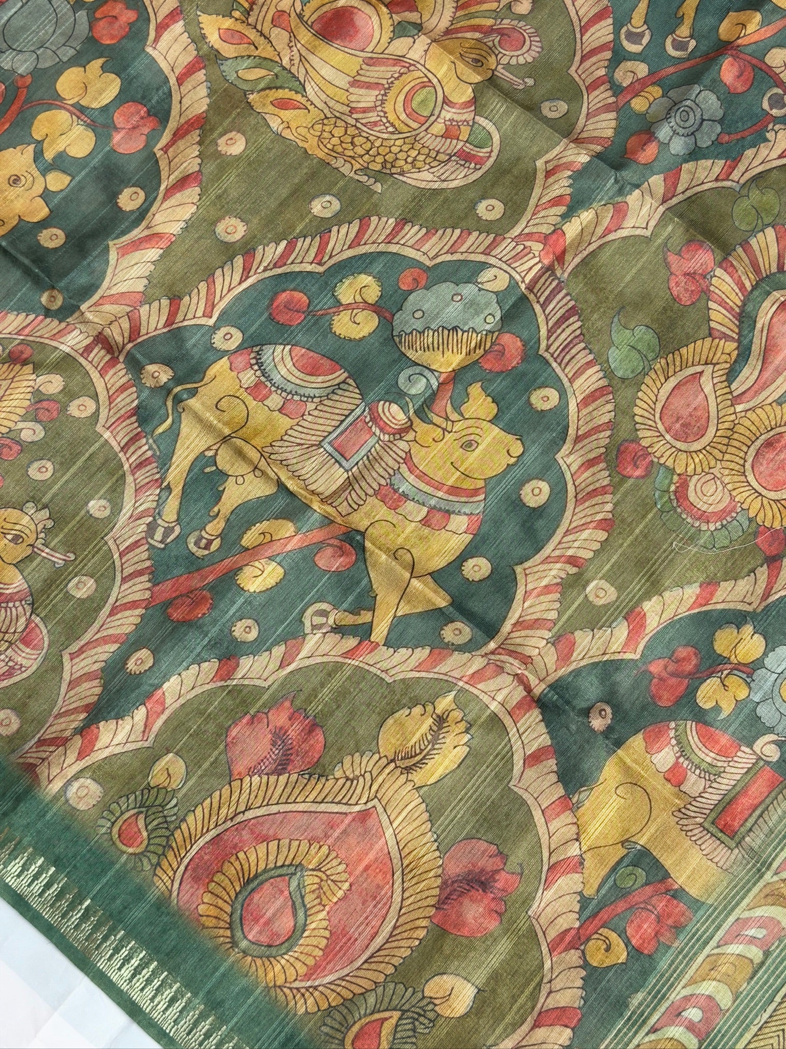 UTSAV BANARAS 388: Dusty Green Tussar Silk Kalamkari Print Saree