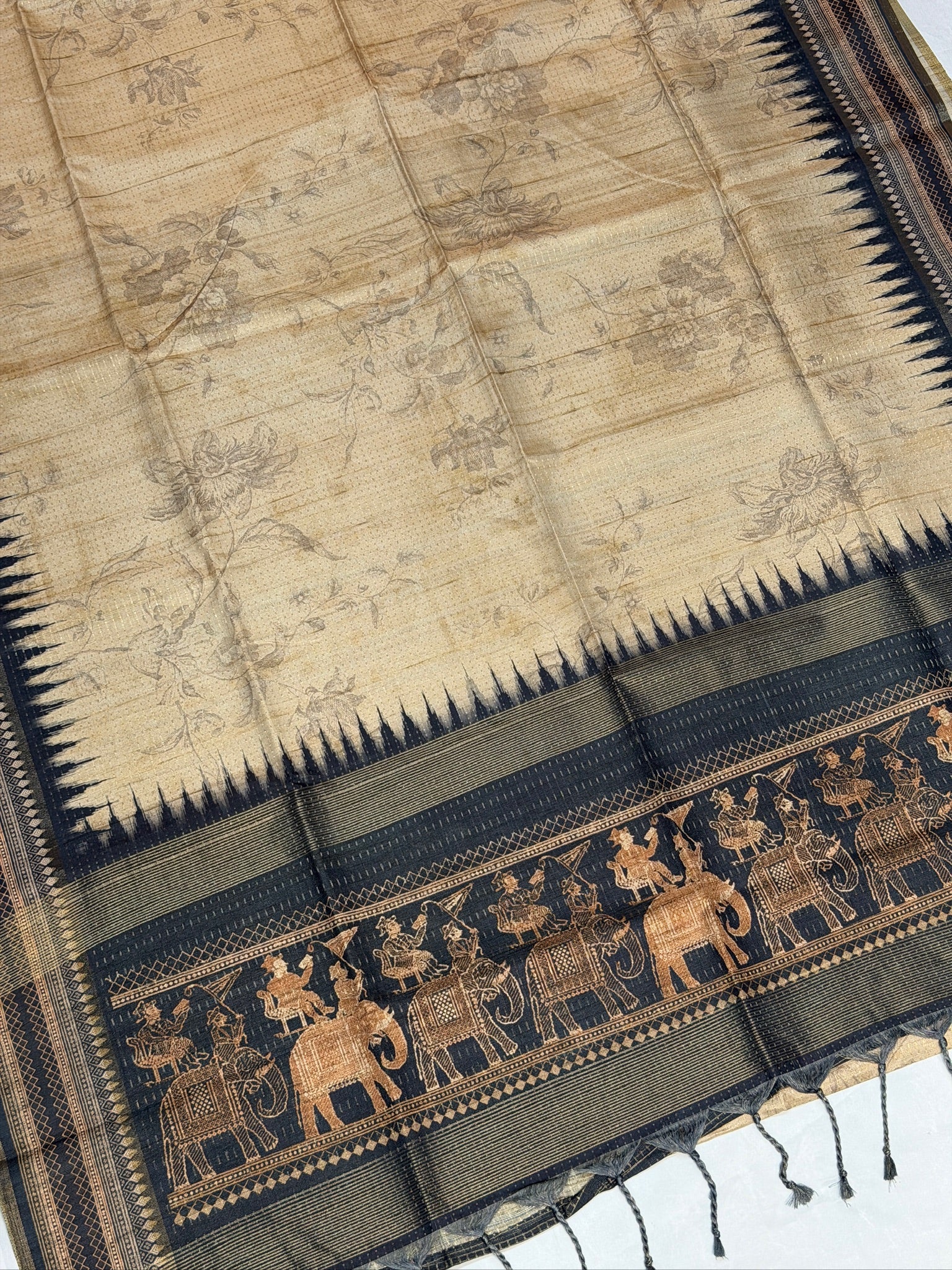 UTSAV BANARAS 383: Elegant Beige Tussar Silk Saree with Kalamkari Floral Print & Royal Elephant Border