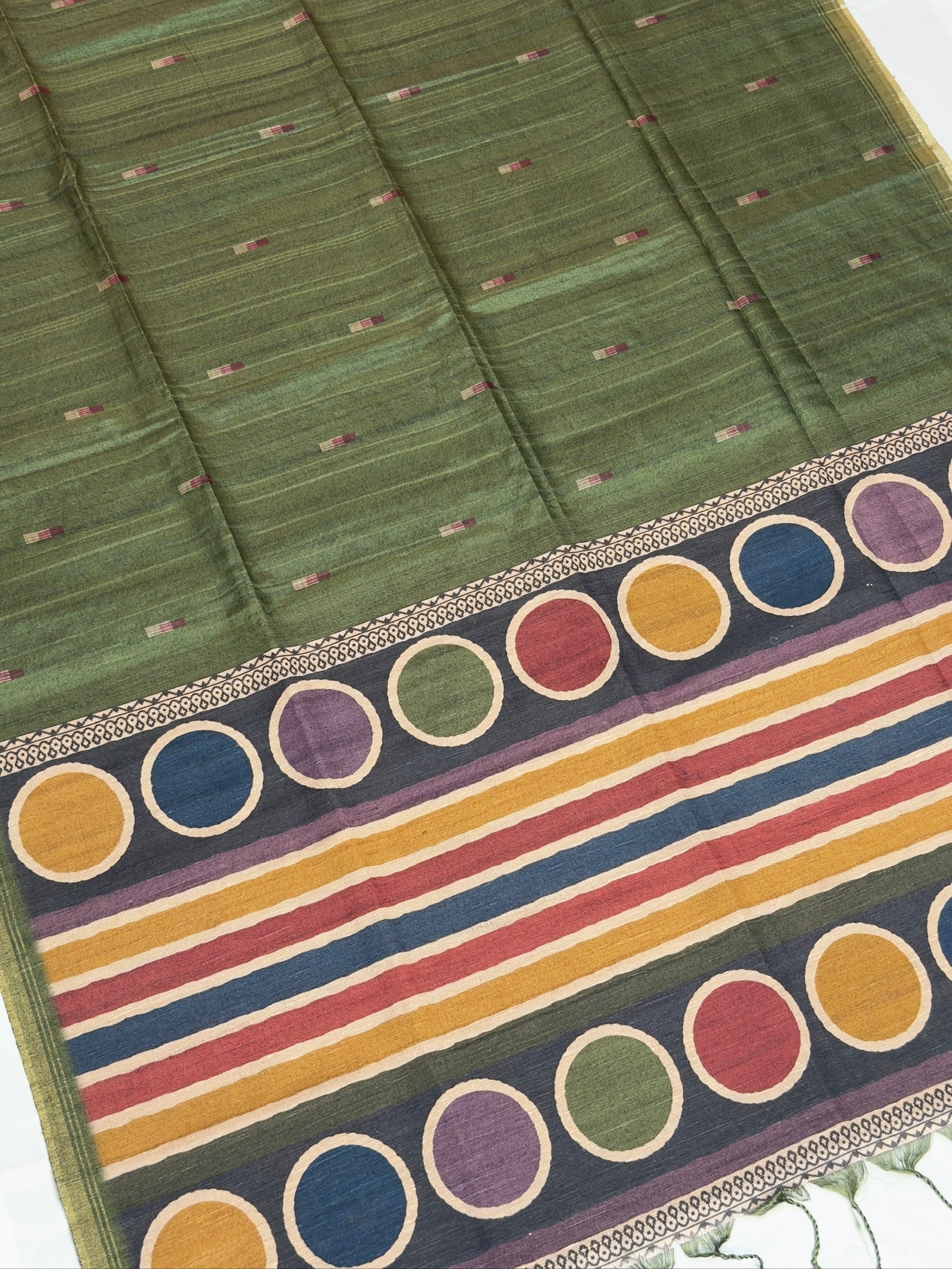 UTSAV BANARAS 389: Olive Green Tussar Silk Saree with Geometric block print Border