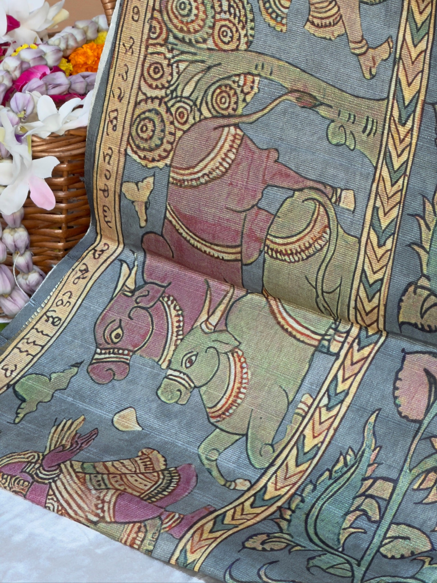 UTSAV BANARAS 392: Elegant Teal Grey tussar Silk Saree with Traditional Pen Kalamkari Narrative Print